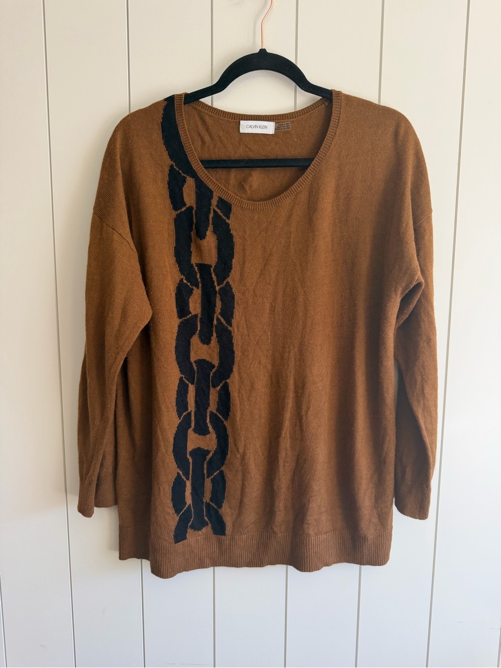 Calvin Klein Brown Crewneck Sweater with Black Chain Motif